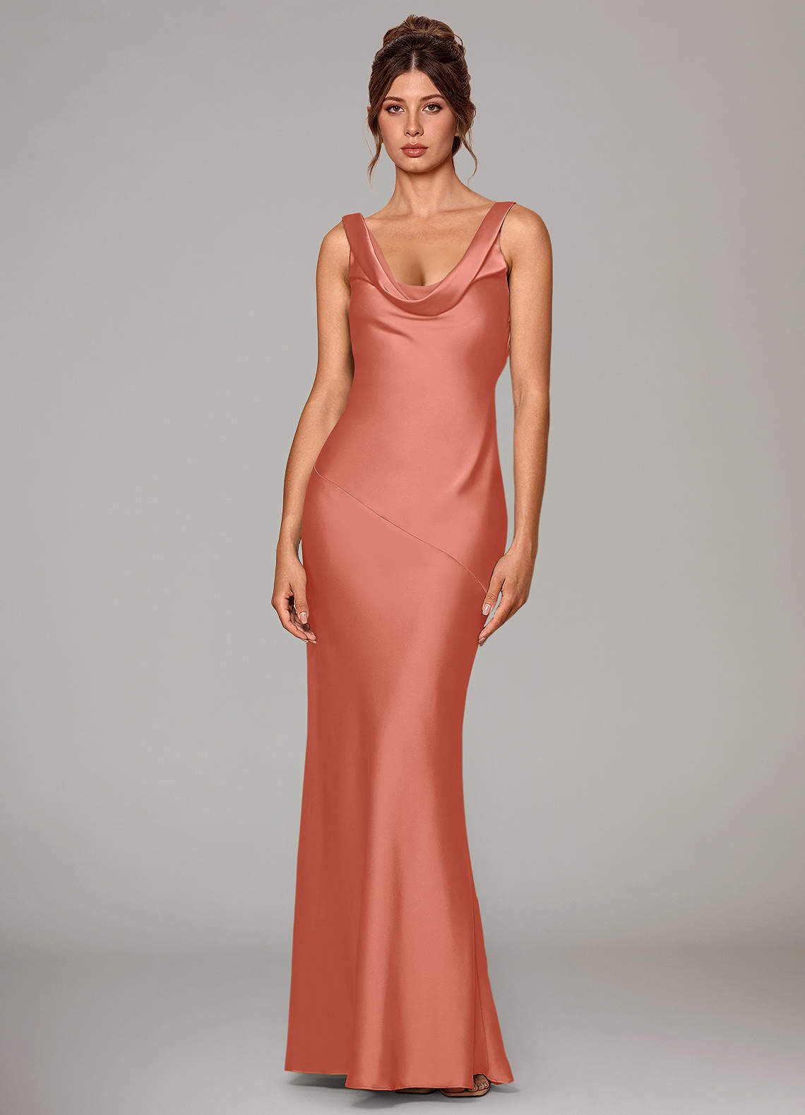 Rylina Mermaid Cowl-Neck Stretch Satin Bridesmaid Dress in Salmon Pink