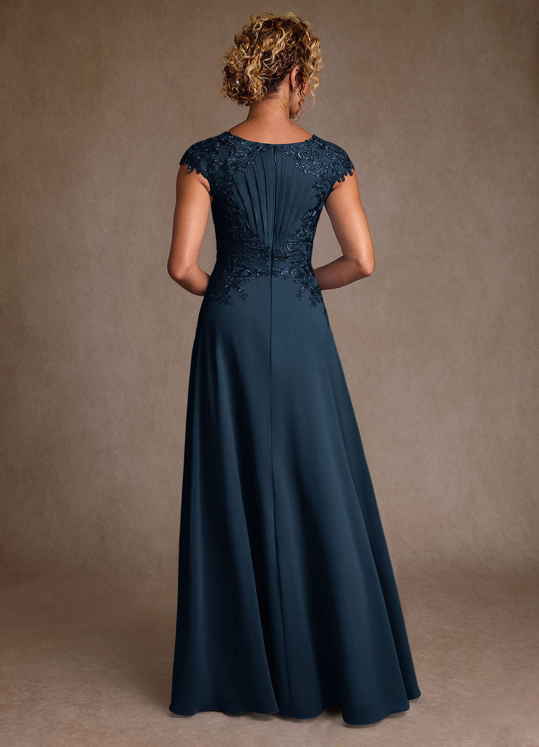 Christi A-Line Scoop-Neck Chiffon and Lace Mother of the Bride Dress in Dark Navy