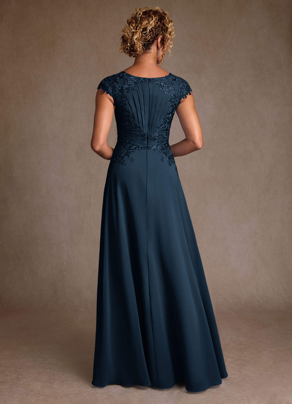 Christi A-Line Scoop-Neck Chiffon and Lace Mother of the Bride Dress in Dark Navy
