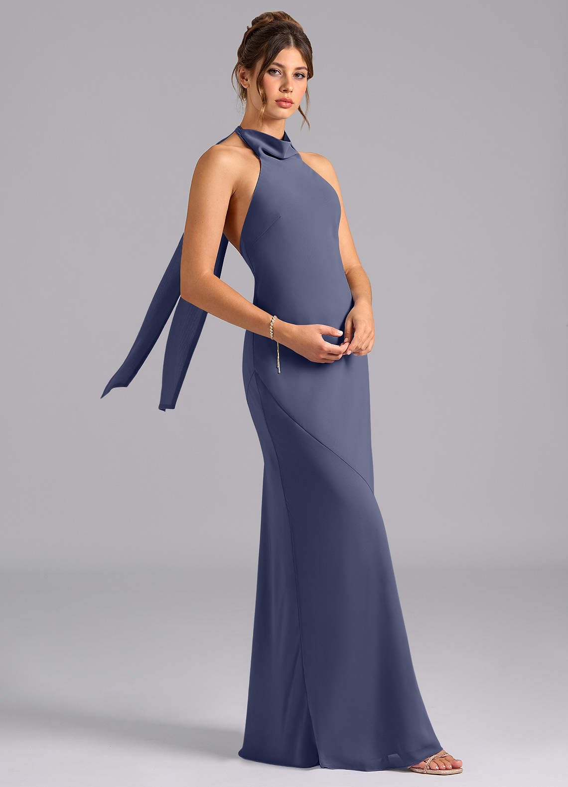 Velli Mermaid Halter Chiffon Bridesmaid Dress in Stormy