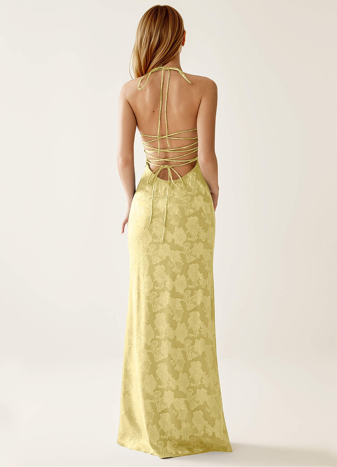 Angena Sheath Halter Floral Burnout Evening Dress in Lemon Sorbet