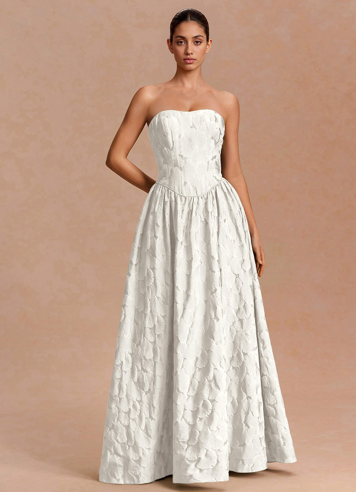 Adelia A-Line Corset Jacquard Evening Dress in French White