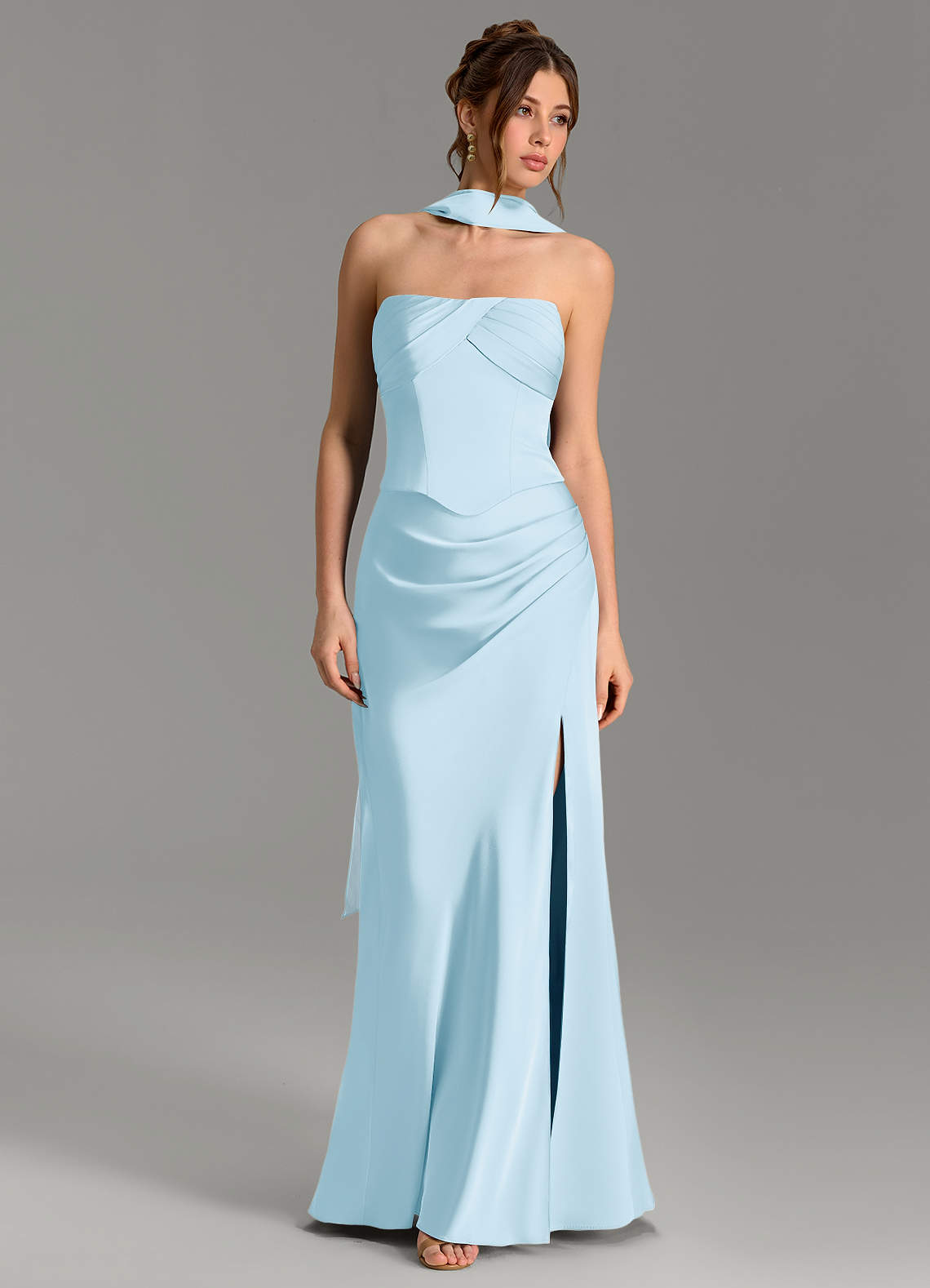 Nicki Sheath Scoop-Neck Stretch Satin Bridesmaid Dress in Sky Blue
