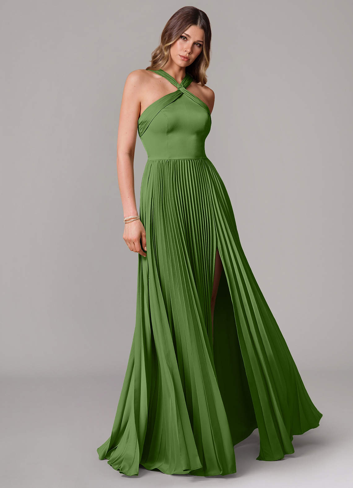Afra A-Line Halter-Neck Stretch Satin Bridesmaid Dress in Basil