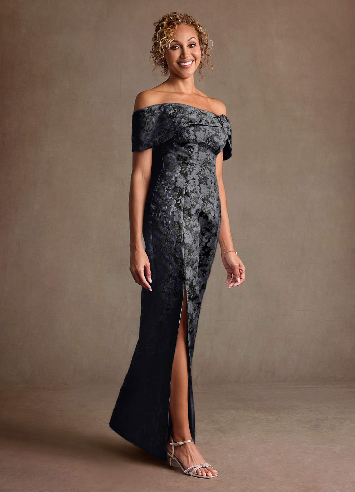 Zion Sheath Off-the-Shoulder Jacquard Mother of the Bride Dress in black
