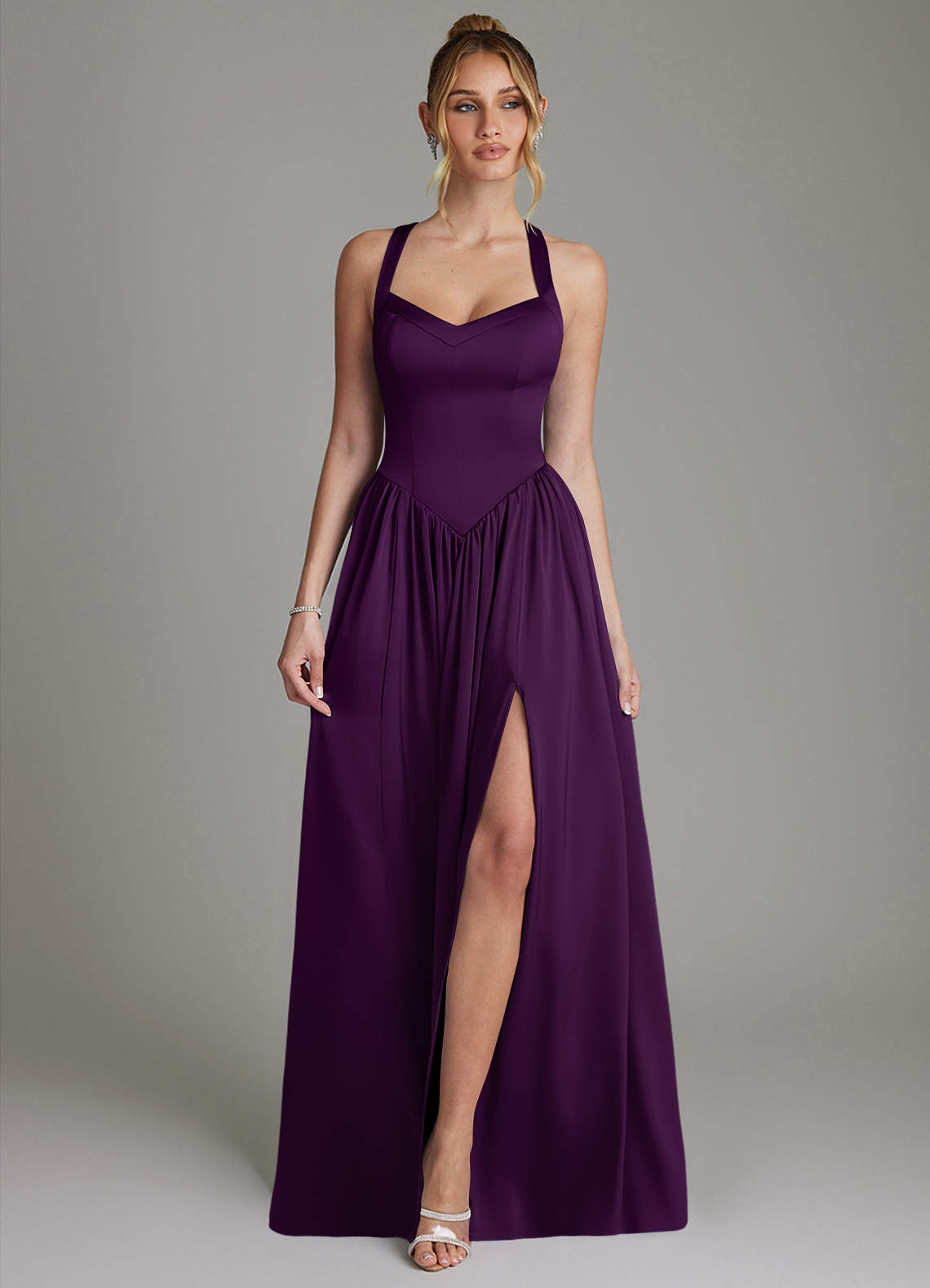 Francis A-Line V-Neck Stretch Satin Bridesmaid Dress in Grape