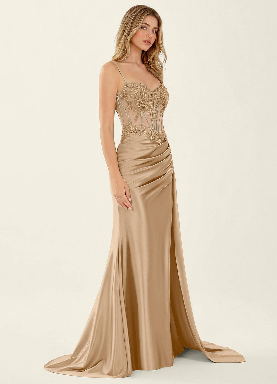 Celestianora Mermaid Beaded Stretch Satin Evening Dress in champagne