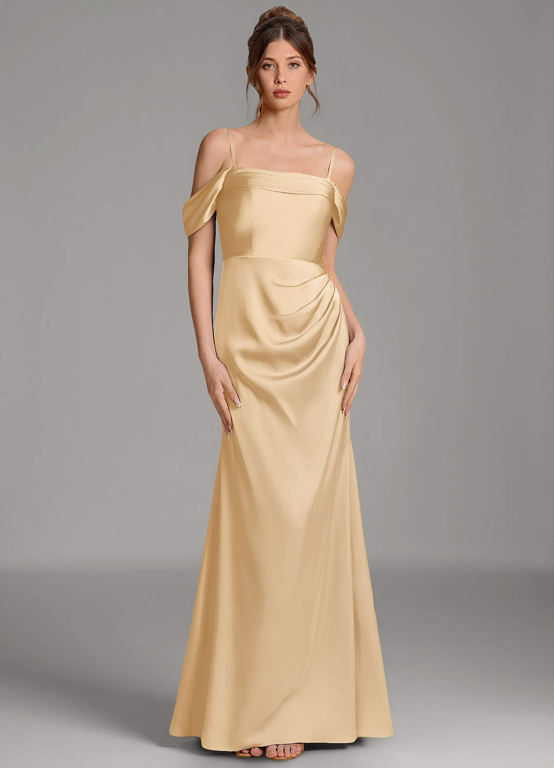 Wyatt Mermaid Off-the-Shoulder Stretch Satin Bridesmaid Dress in Gold
