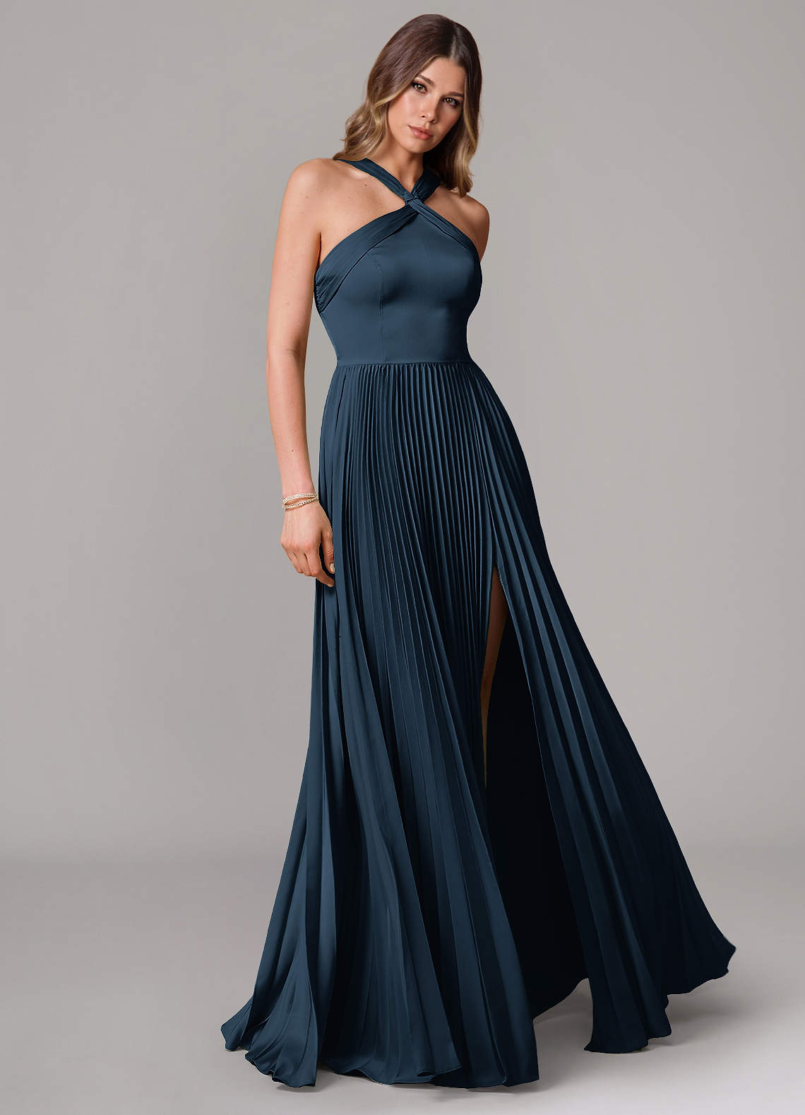 Afra A-Line Halter-Neck Stretch Satin Bridesmaid Dress in Dark Navy