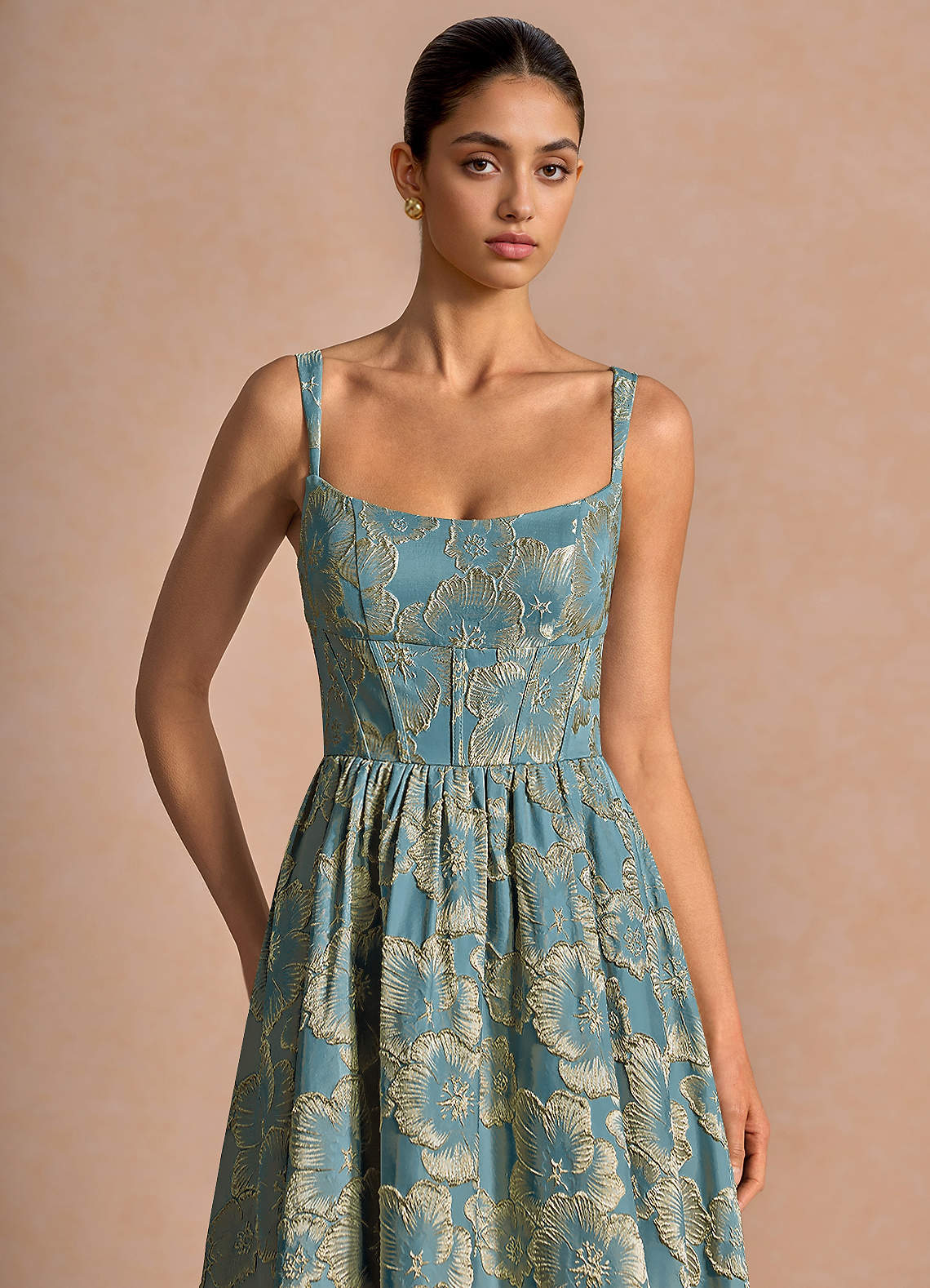 Julietteh A-Line Strappy Jacquard Taffeta Evening Dress in Lake Blue