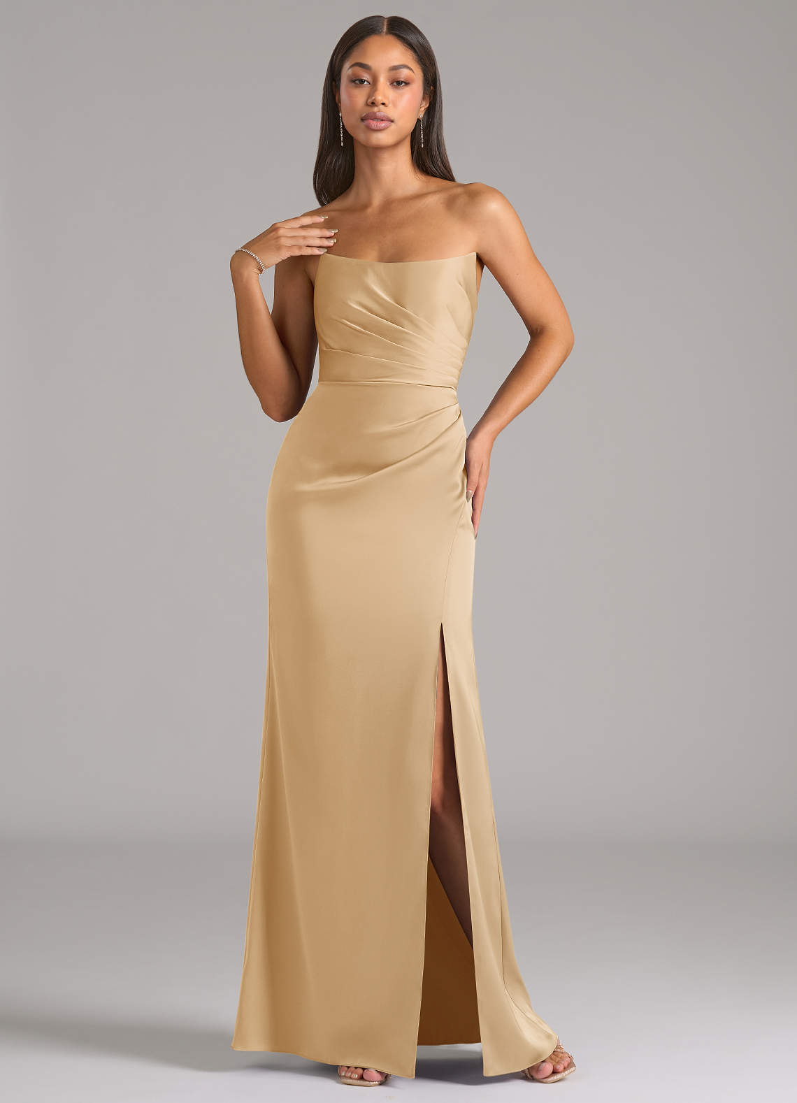 Marla Sheath Strapless Stretch Satin Bridesmaid Dress in Gold