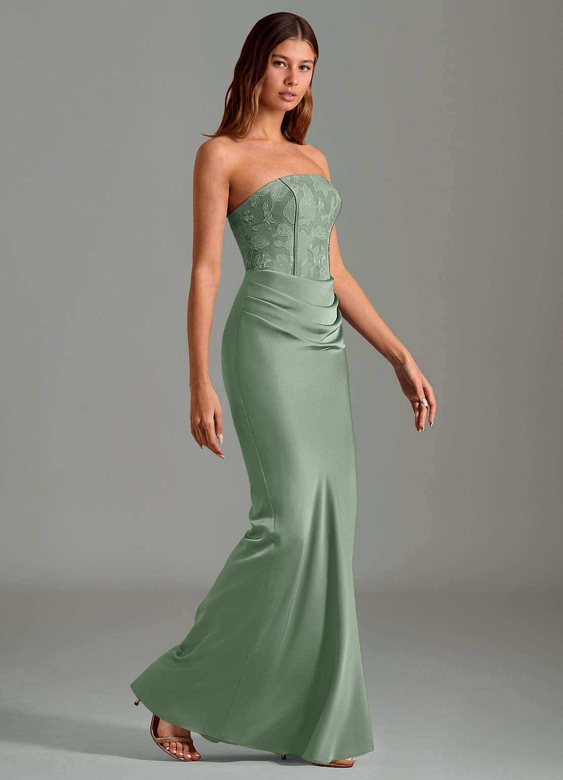 Emilia Mermaid Strapless Stretch Satin and Floral Burnout Bridesmaid Dress in Matcha