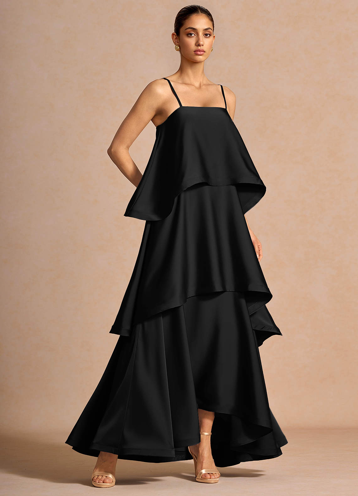 Itasca A-Line Tiered Stretch Satin Wedding Guest Dress in black
