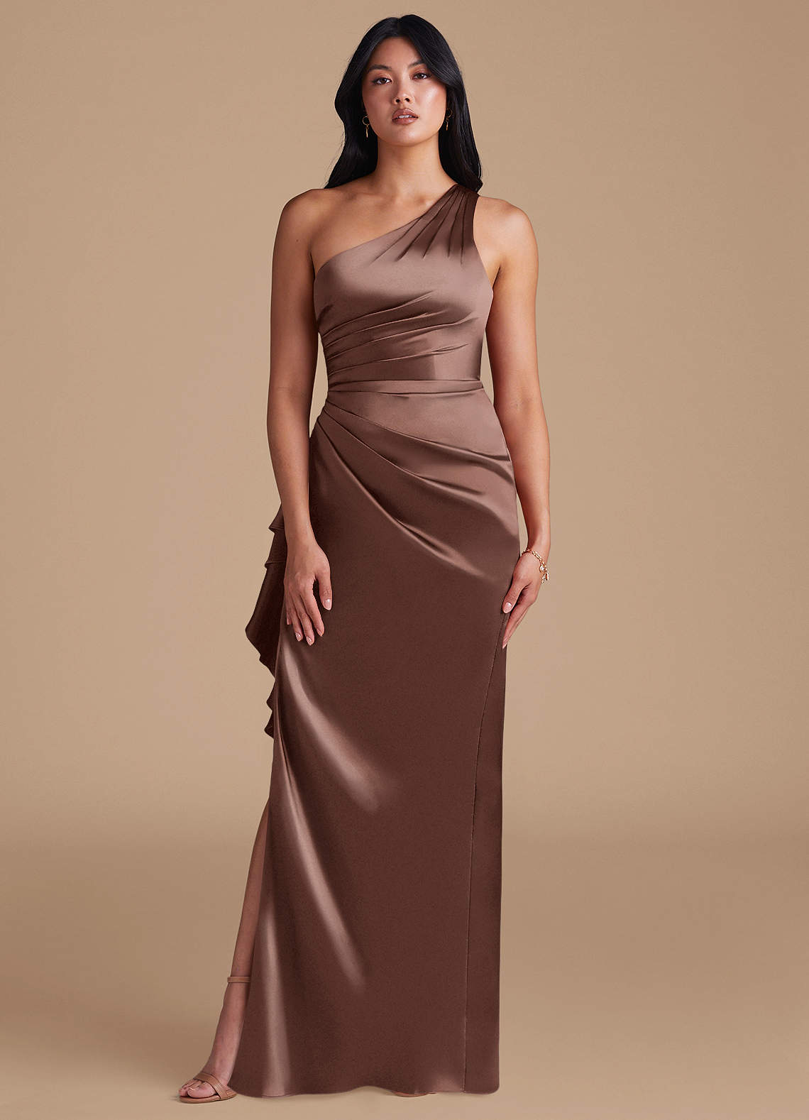 Latrice Sheath One-Shoulder Metallic Satin Bridesmaid Dress in Espresso