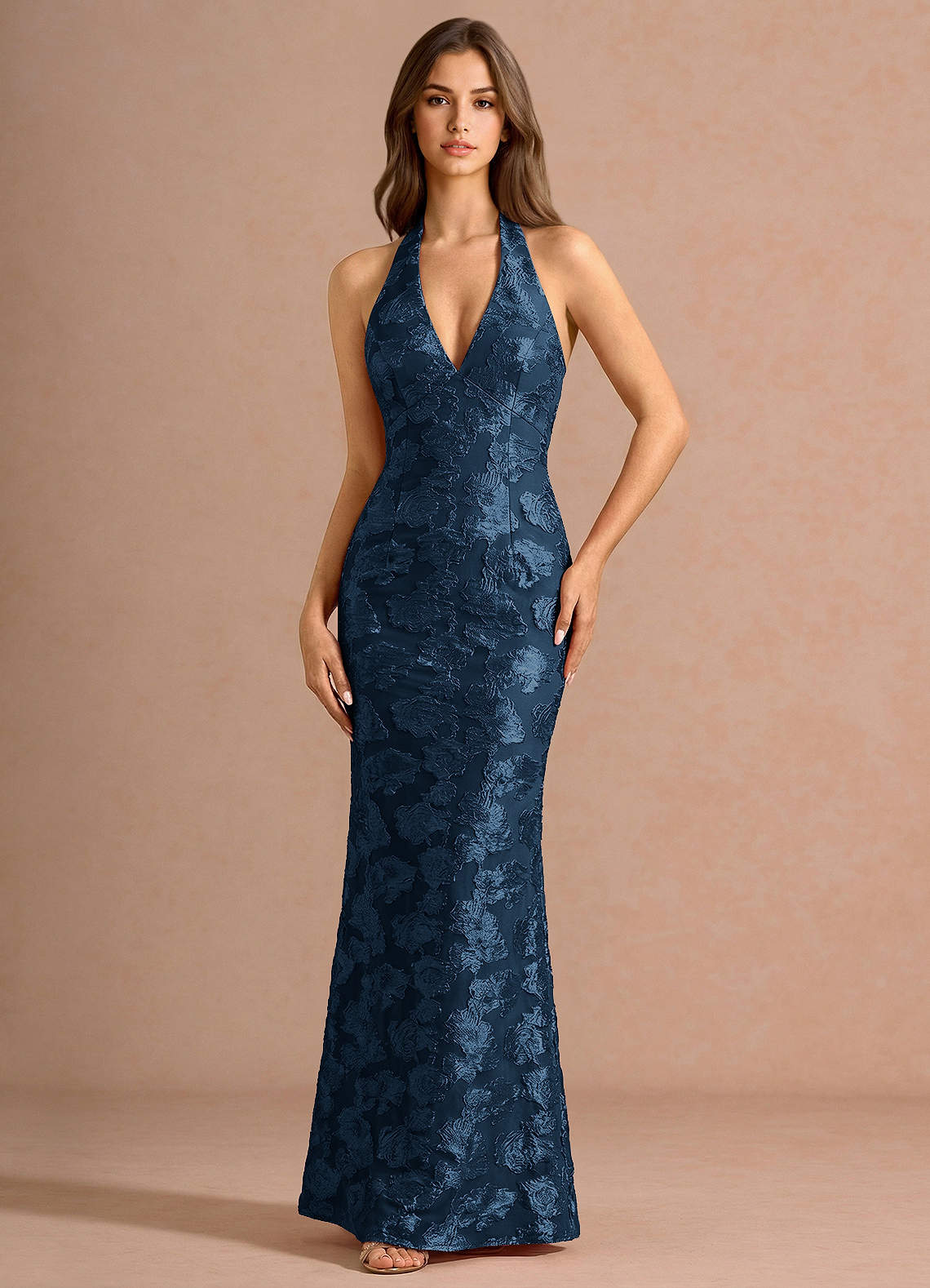 Valerie V-Neck Open-Back Fil Coupé Evening Dress in Navy