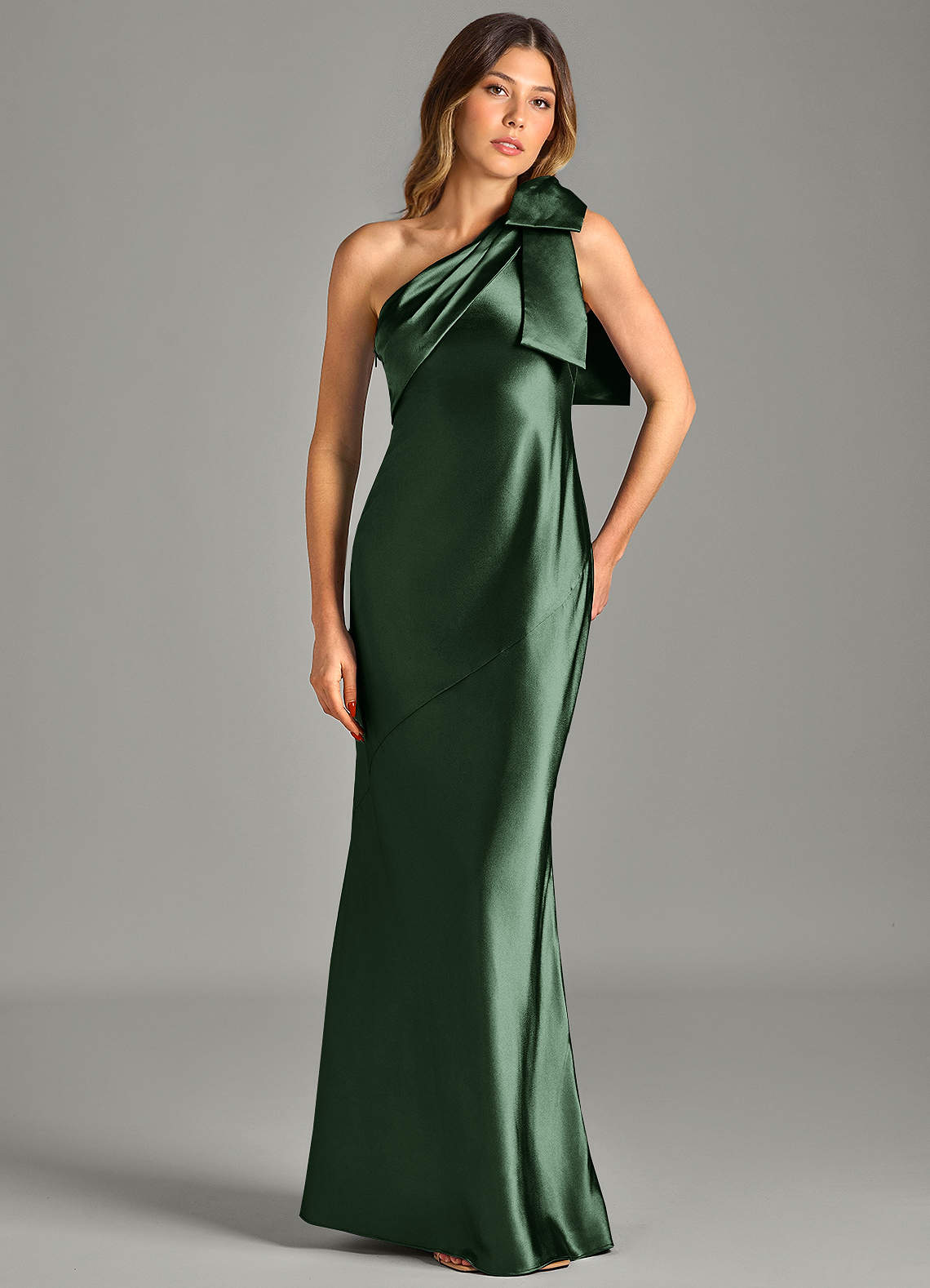 Yuanna Mermaid One-Shoulder Metallic Satin Bridesmaid Dress in Eucalyptus