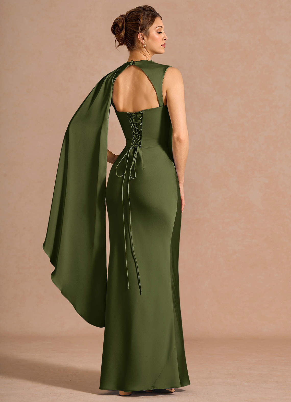 Chesney Cape-Sleeve Pleated Stretch Satin Wedding Guest Dress in Olive