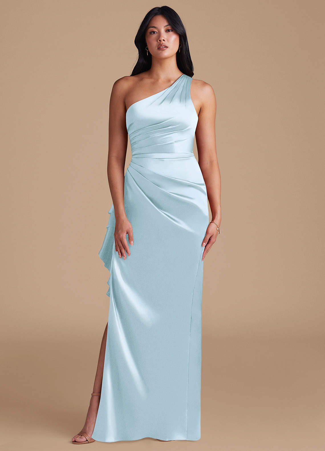 Latrice Sheath One-Shoulder Metallic Satin Bridesmaid Dress in Sky Blue