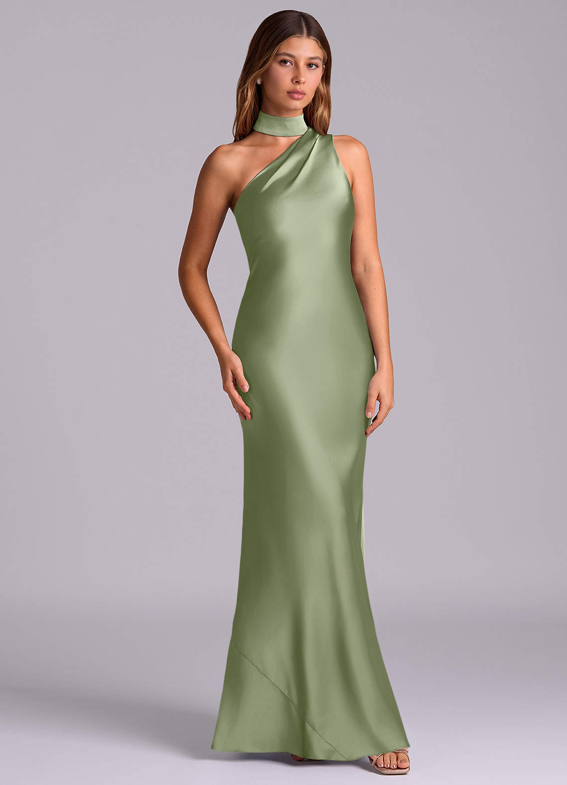 Seona Mermaid One-Shoulder Stretch Satin and Tulle Bridesmaid Dress in Pistachio