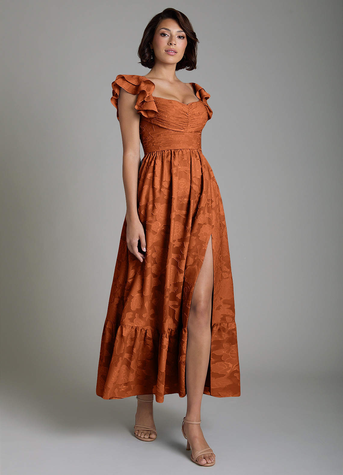 Anaya A-Line V-Neck Floral Burnout Bridesmaid Dress in Burnt Orange