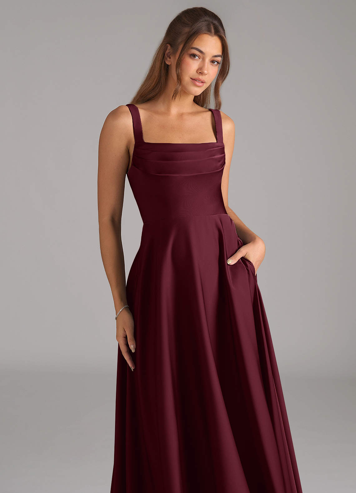 Shaude A-Line Square-Neck Stretch Satin Bridesmaid Dress in Cabernet