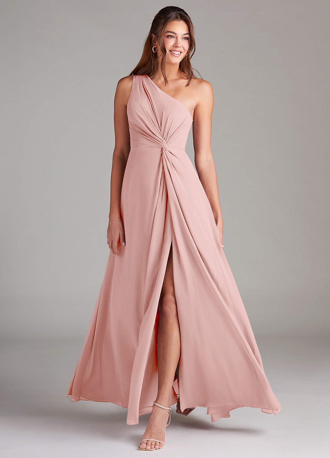 Brooke A-Line One-Shoulder Chiffon Bridesmaid Dress in Powder Pink