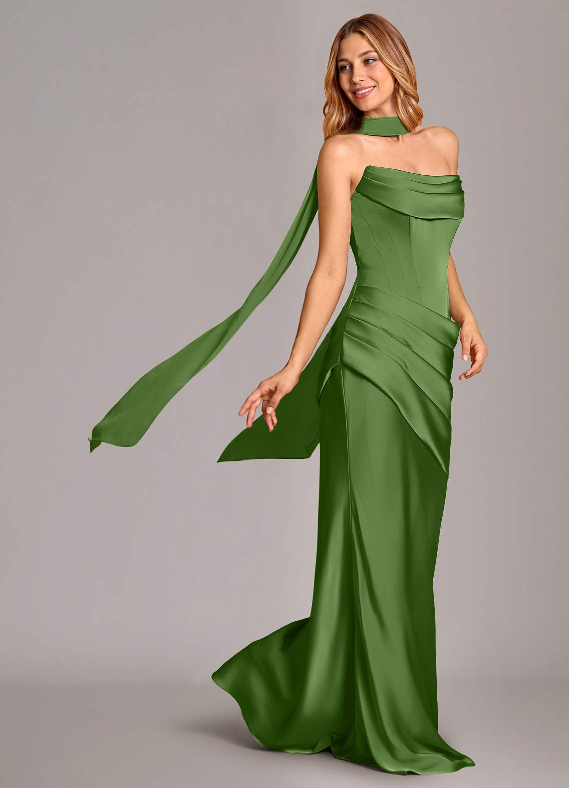 Pelagia Mermaid Cowl-Neck Stretch Satin Bridesmaid Dress in Basil
