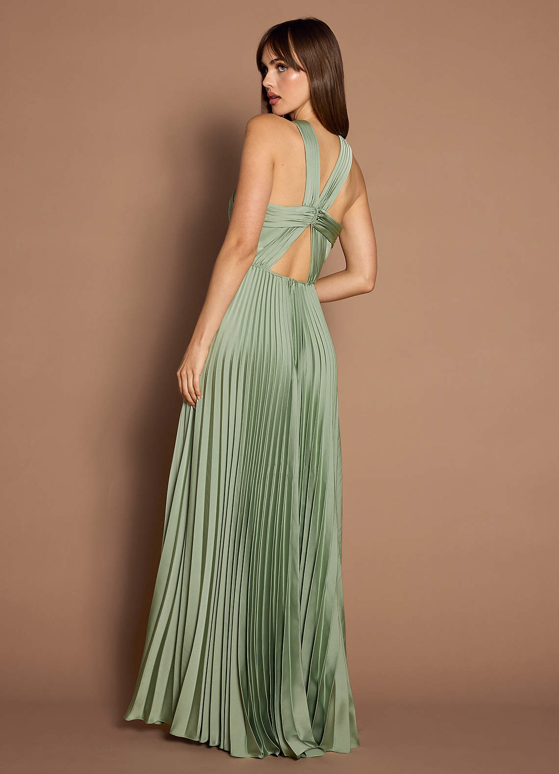 Afra A-Line Pleated Stretch Satin Wedding Guest Dress in Dusty Sage