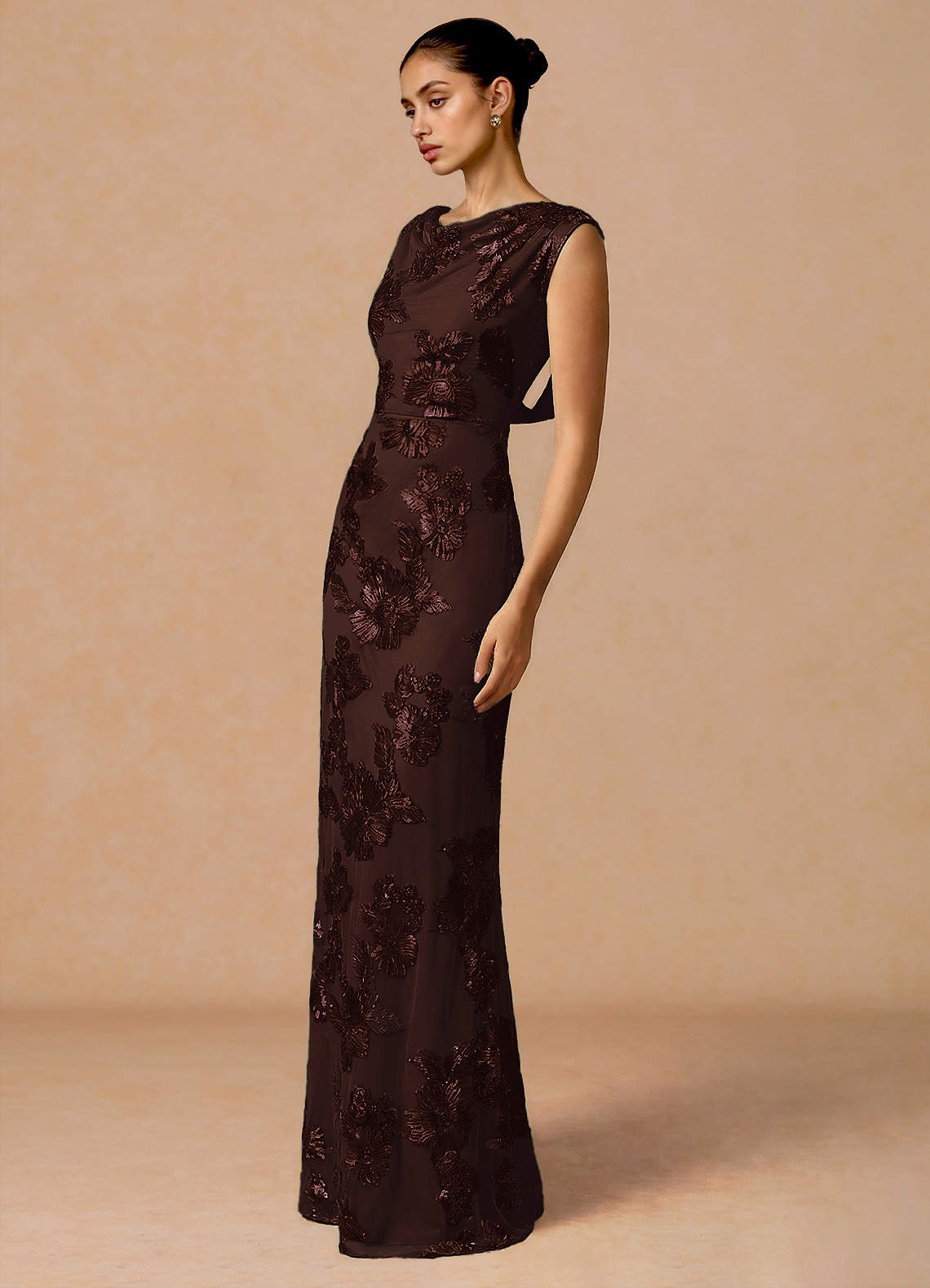 Elowis Column Open-Back Floral Mesh Evening Dress in Coco