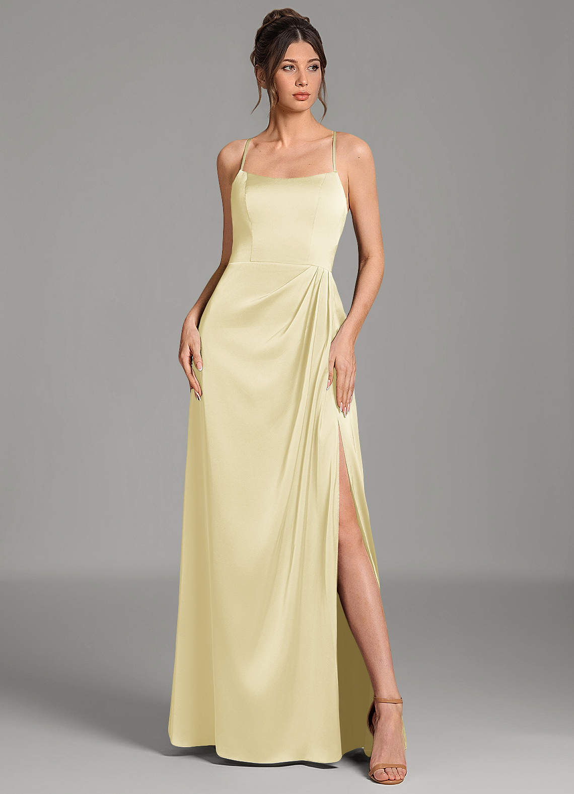 Frankie A-Line Scoop-Neck Stretch Satin Bridesmaid Dress in Lemon Sorbet