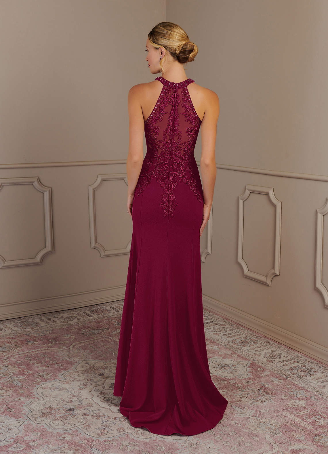 Tyra Mermaid Halter Tulle and Stretch Crepe Mother of the Bride Dress in Burgundy
