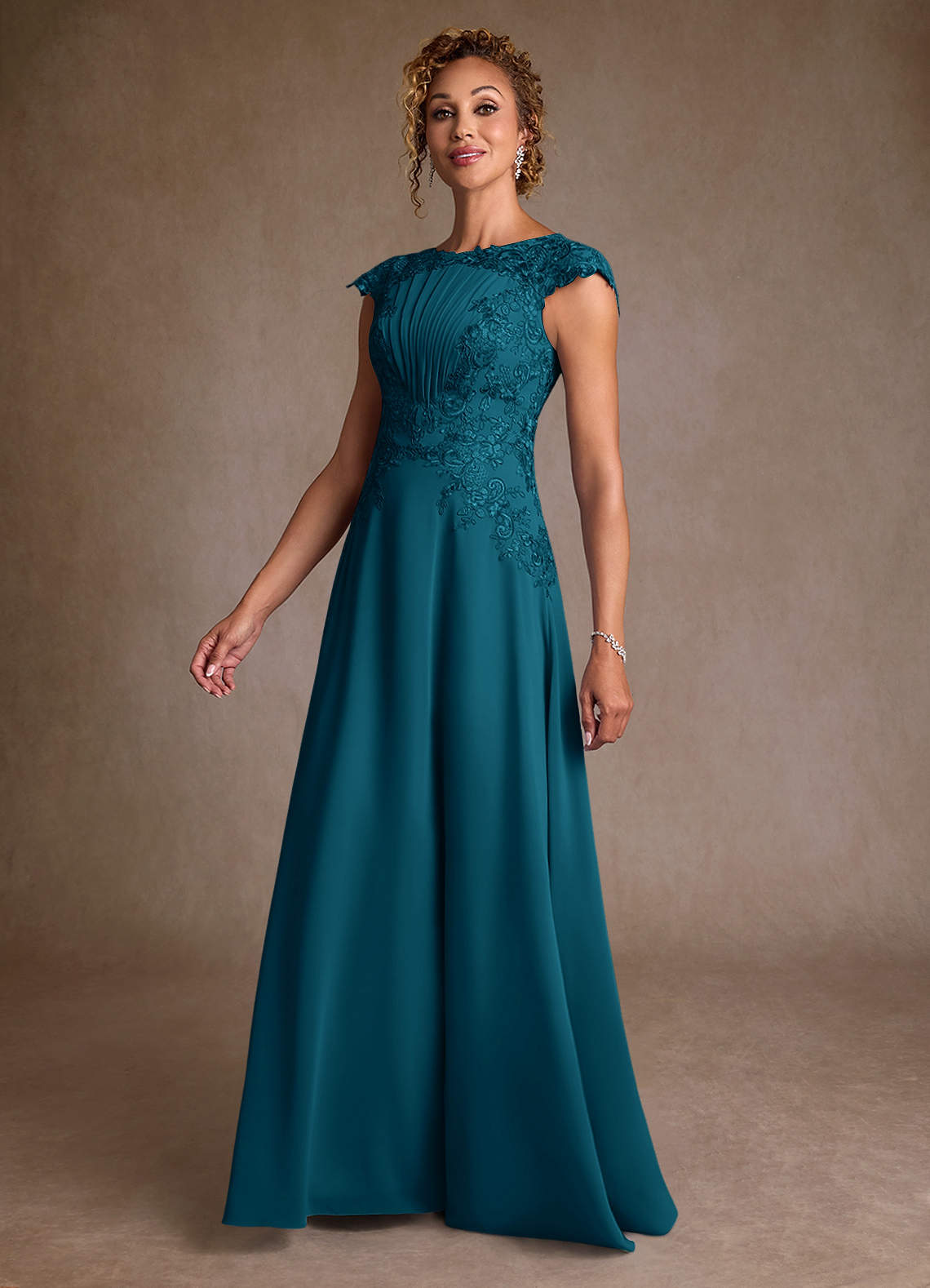 Christi A-Line Scoop-Neck Chiffon and Lace Mother of the Bride Dress in Ink Blue