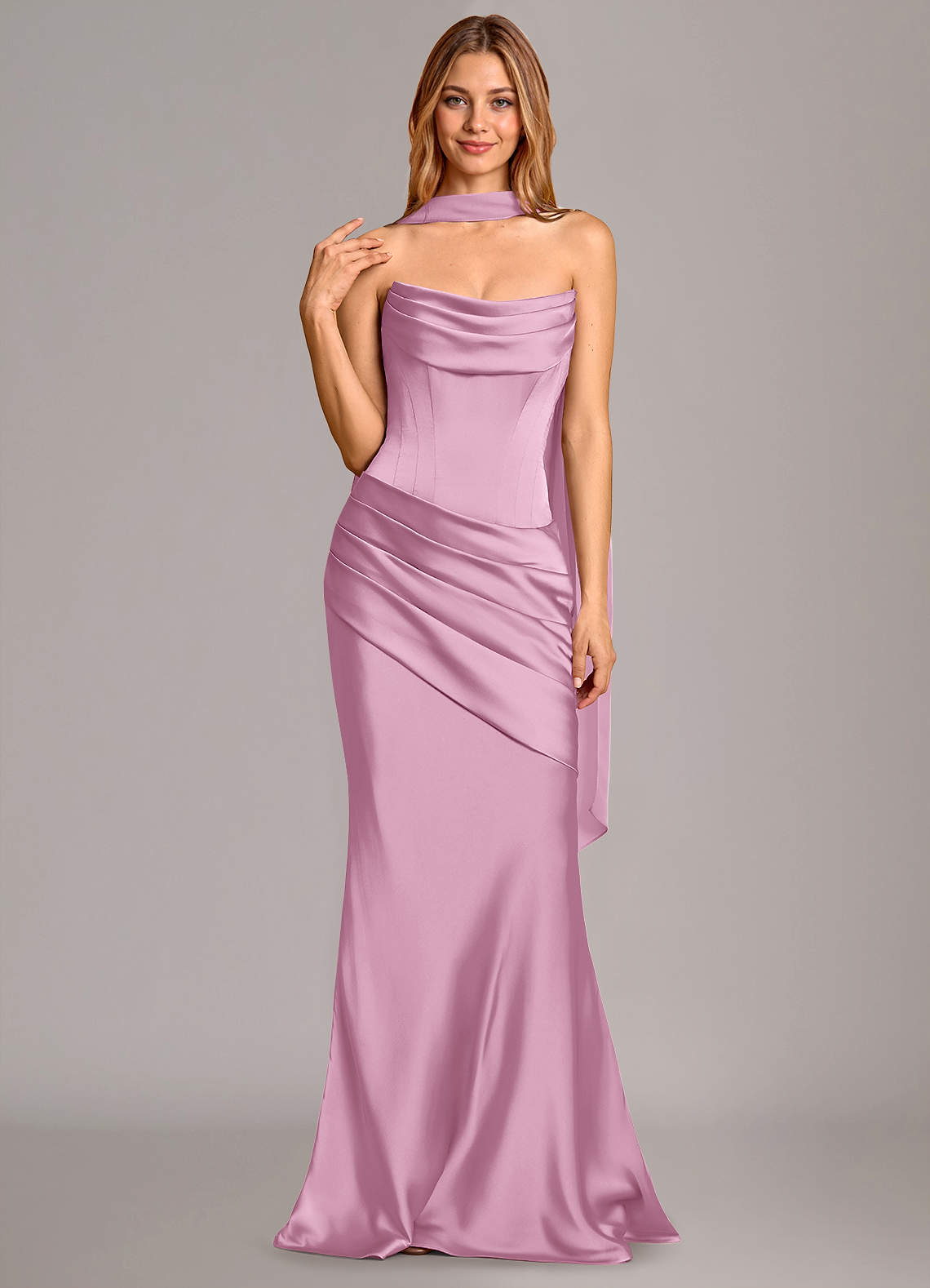 Pelagia Mermaid Cowl-Neck Stretch Satin Bridesmaid Dress in candy pink