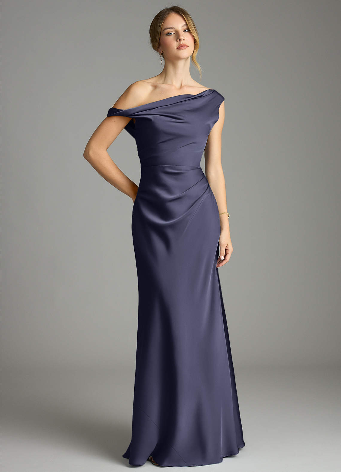 Emerson Mermaid One-Shoulder Stretch Satin Bridesmaid Dress in Stormy