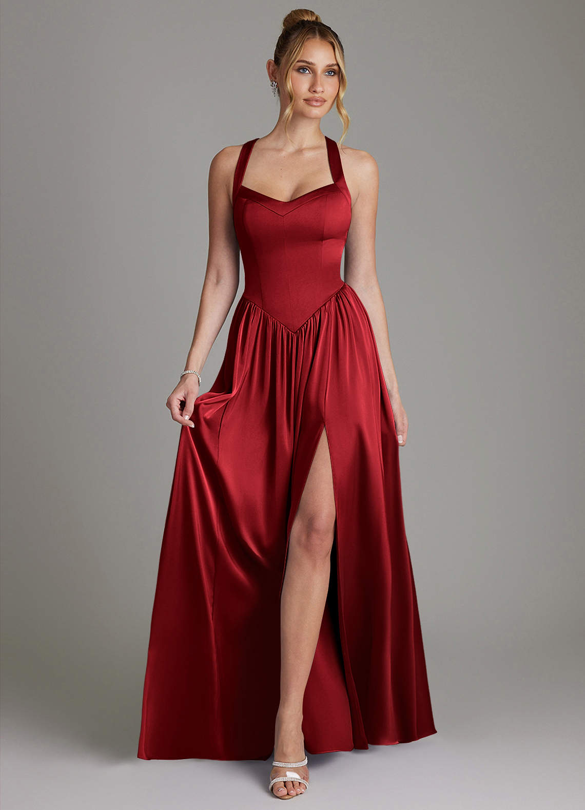 Francis A-Line V-Neck Stretch Satin Bridesmaid Dress in Scarlet