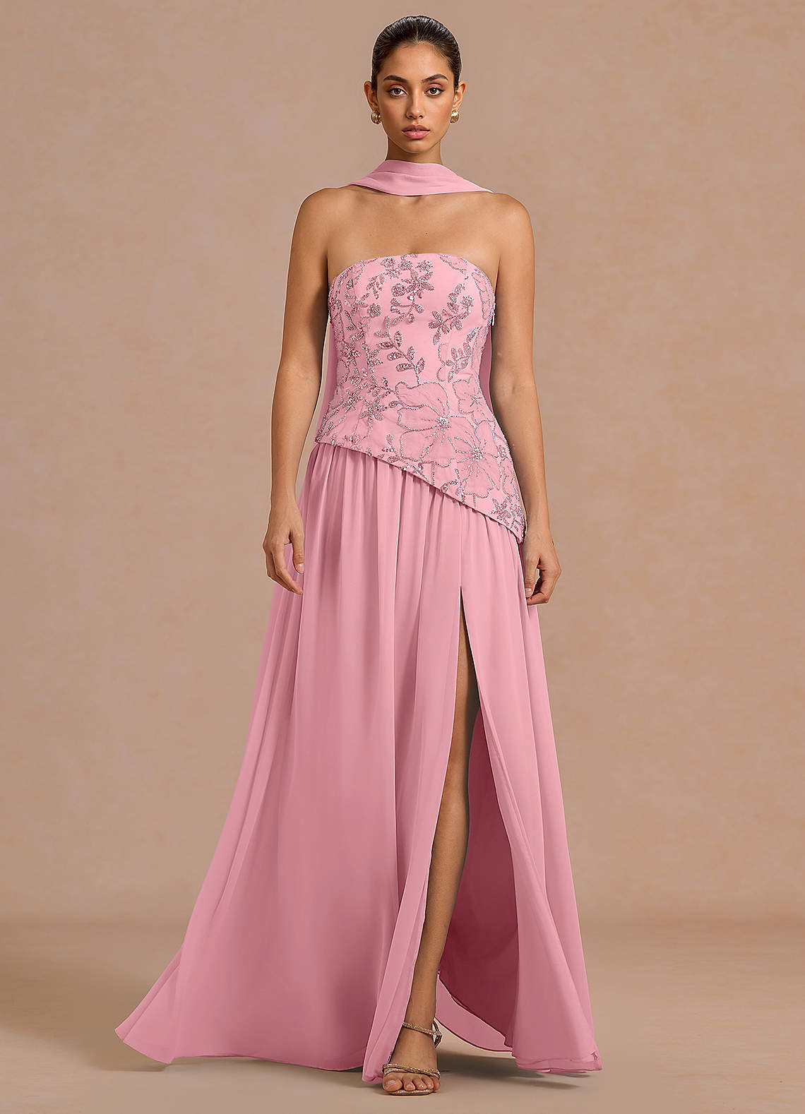 Galatea Sky Blue A-Line Floral Chiffon Evening Dress in Pink