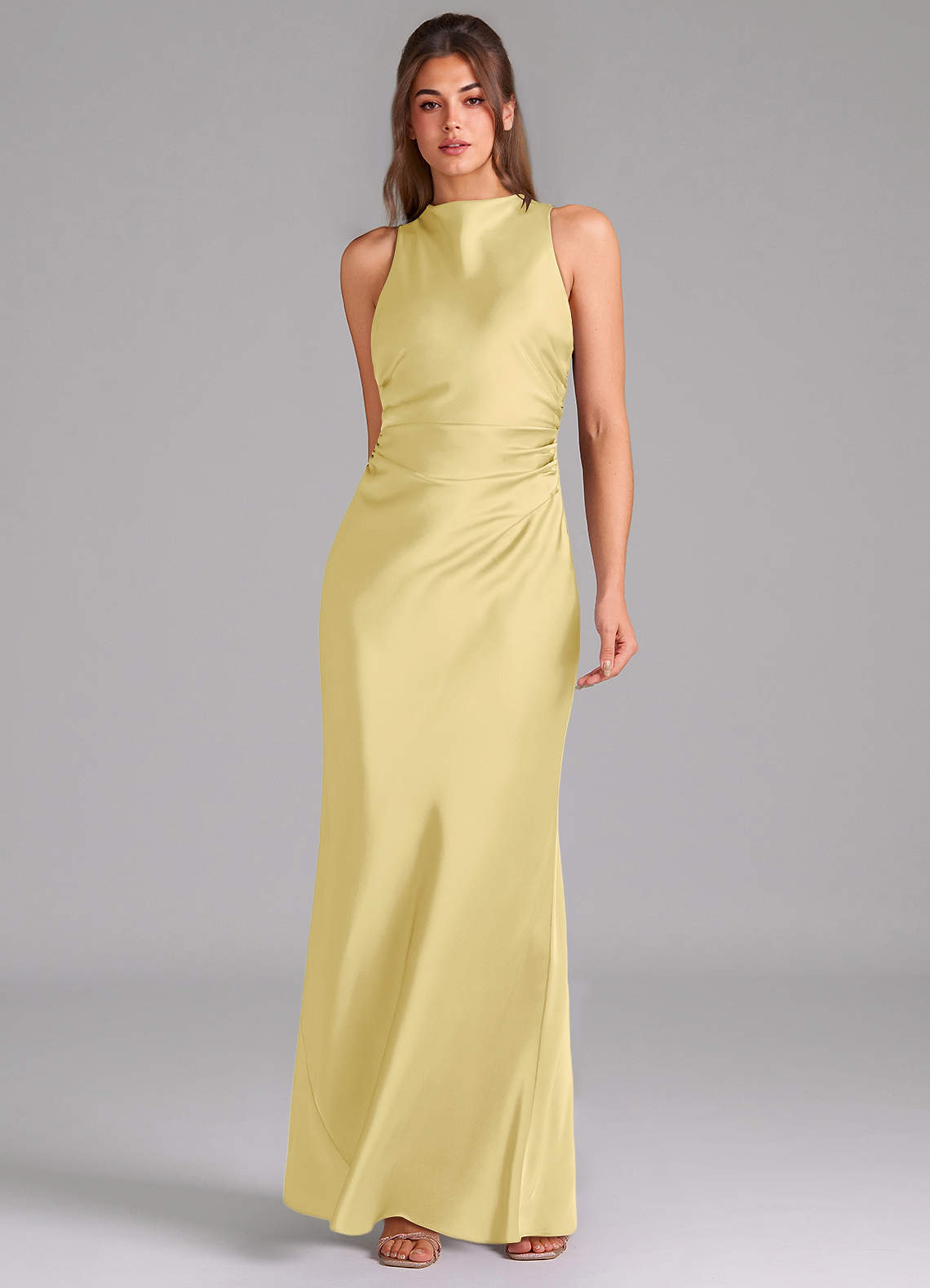 Evadne Sheath Scoop-Neck Stretch Satin Bridesmaid Dress in Lemon Sorbet