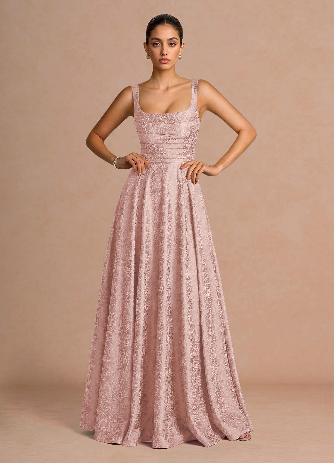 Elowena A-Line Square-Neck Satin Jacquard Evening Dress in Light Pink