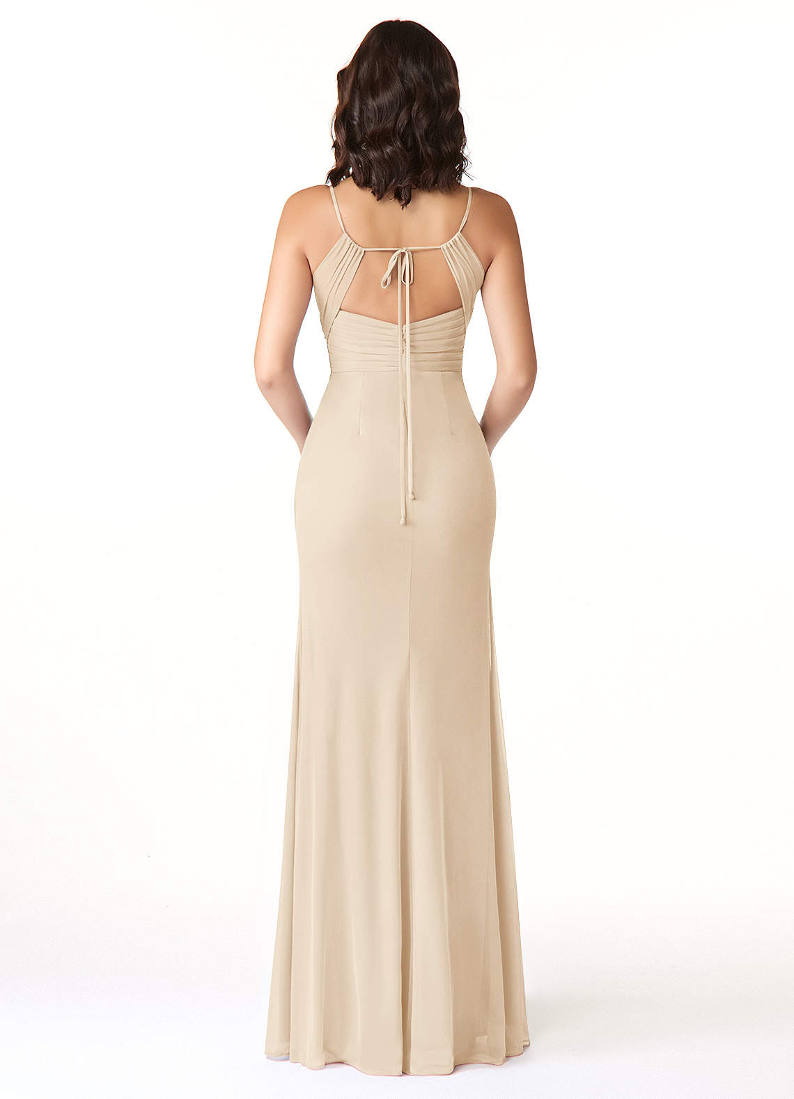 Reneya Mermaid V-Neck Mesh Bridesmaid Dress in Champagne