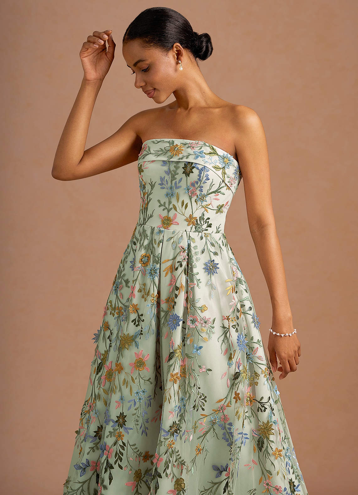 Evangeline Strapless Corset Floral Lace Evening Dress in Light Green
