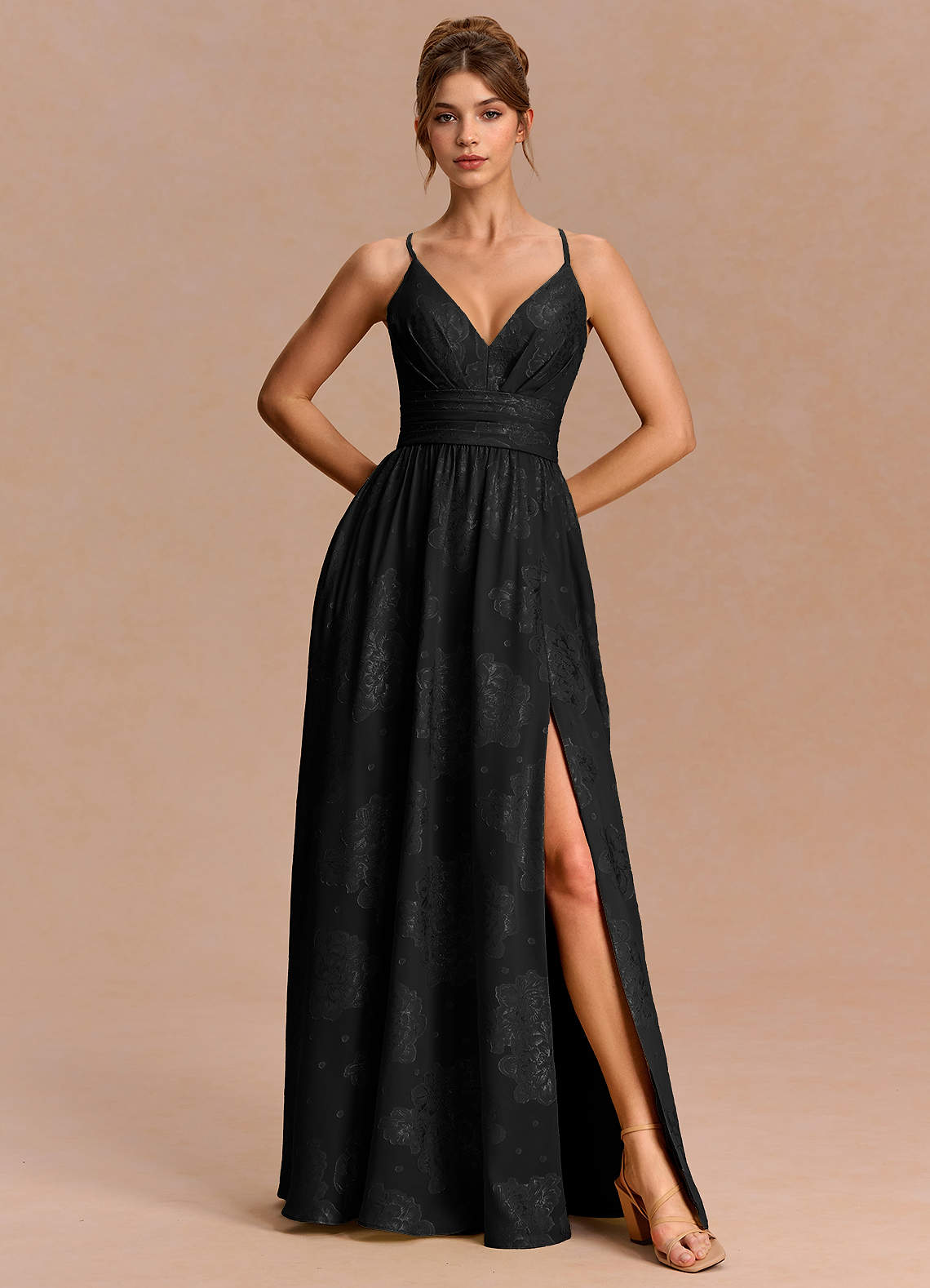 Anaëlle A-Line V-Neck Chiffon Burnout Evening Dress in black