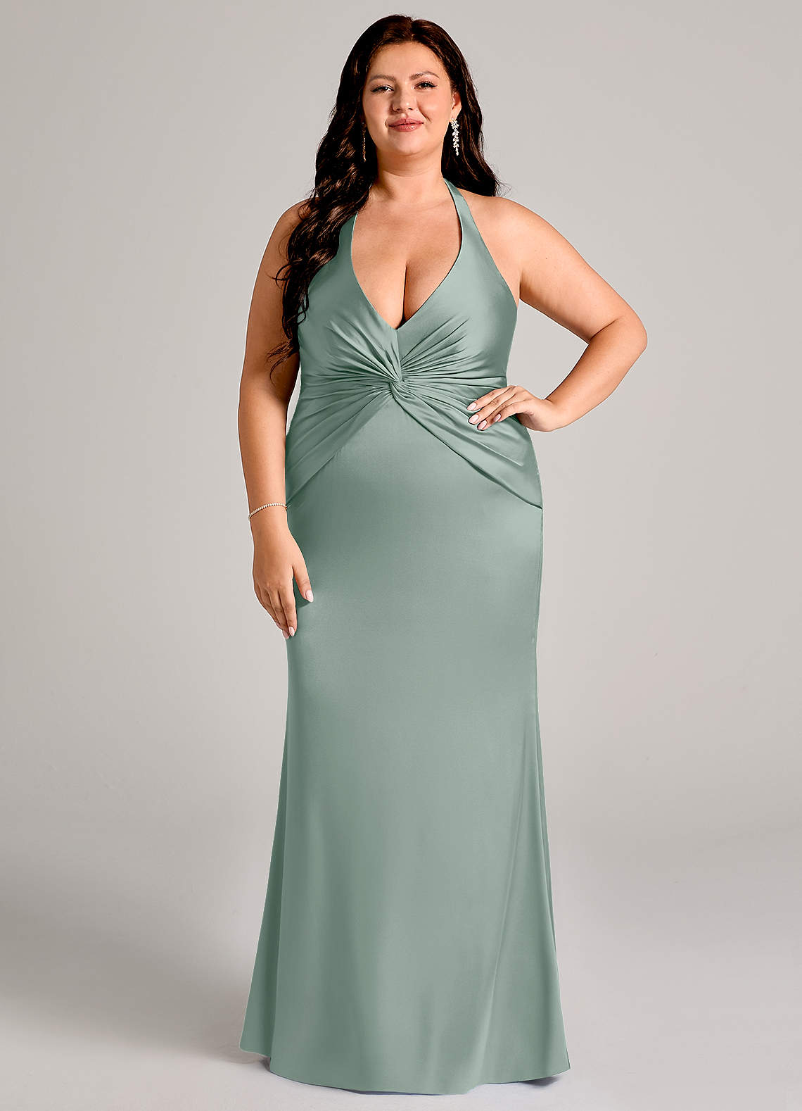 Valerie Mermaid V-Neck Stretch Satin Bridesmaid Dress in Silver Sage