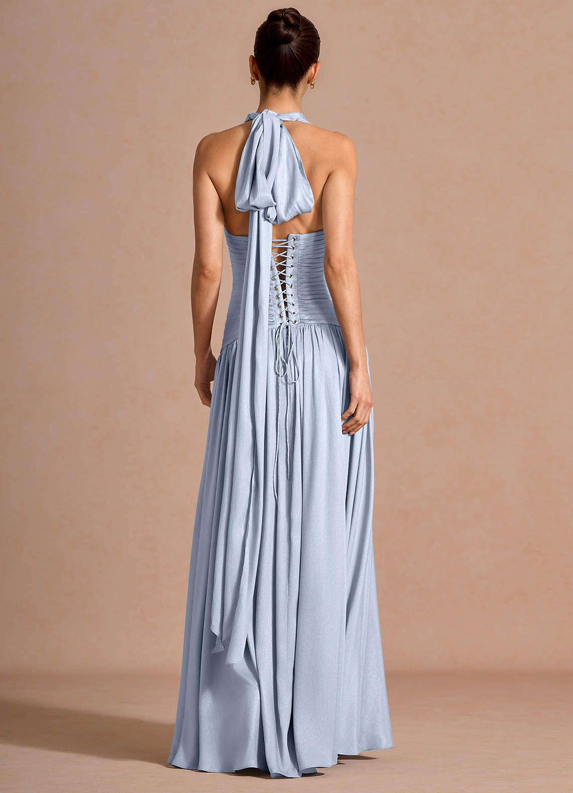 Hecate A-Line Halter Satin-Faced Chiffon Evening Dress in Sky Blue