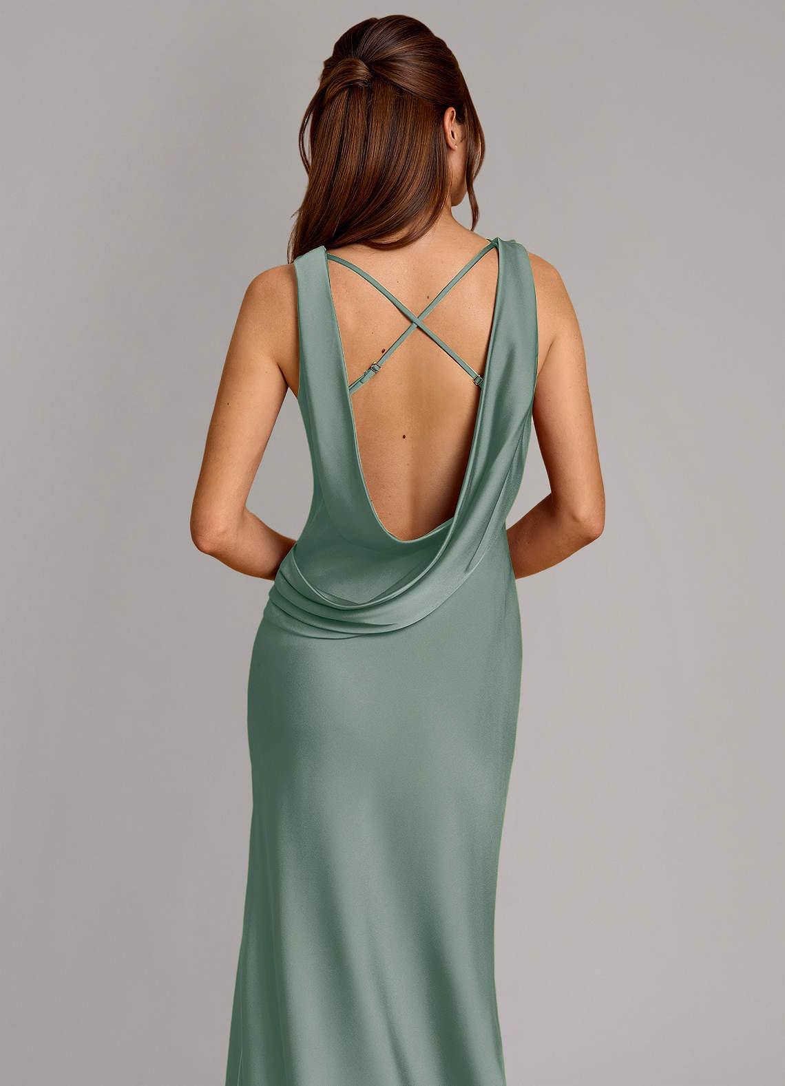 Cheryl Mermaid Cowl-Neck Stretch Satin Bridesmaid Dress in Silver Sage