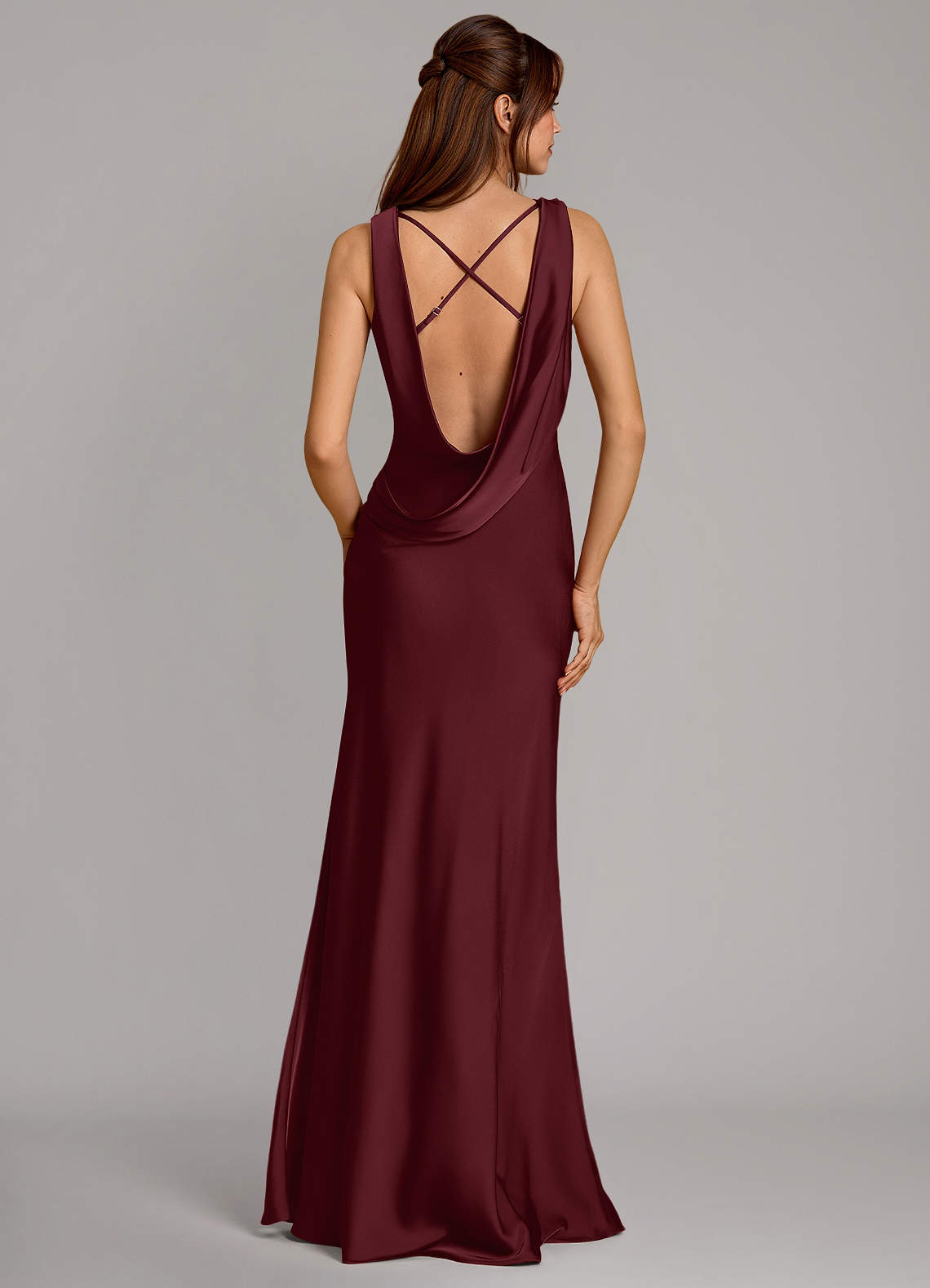 Cheryl Mermaid Cowl-Neck Stretch Satin Bridesmaid Dress in Cabernet