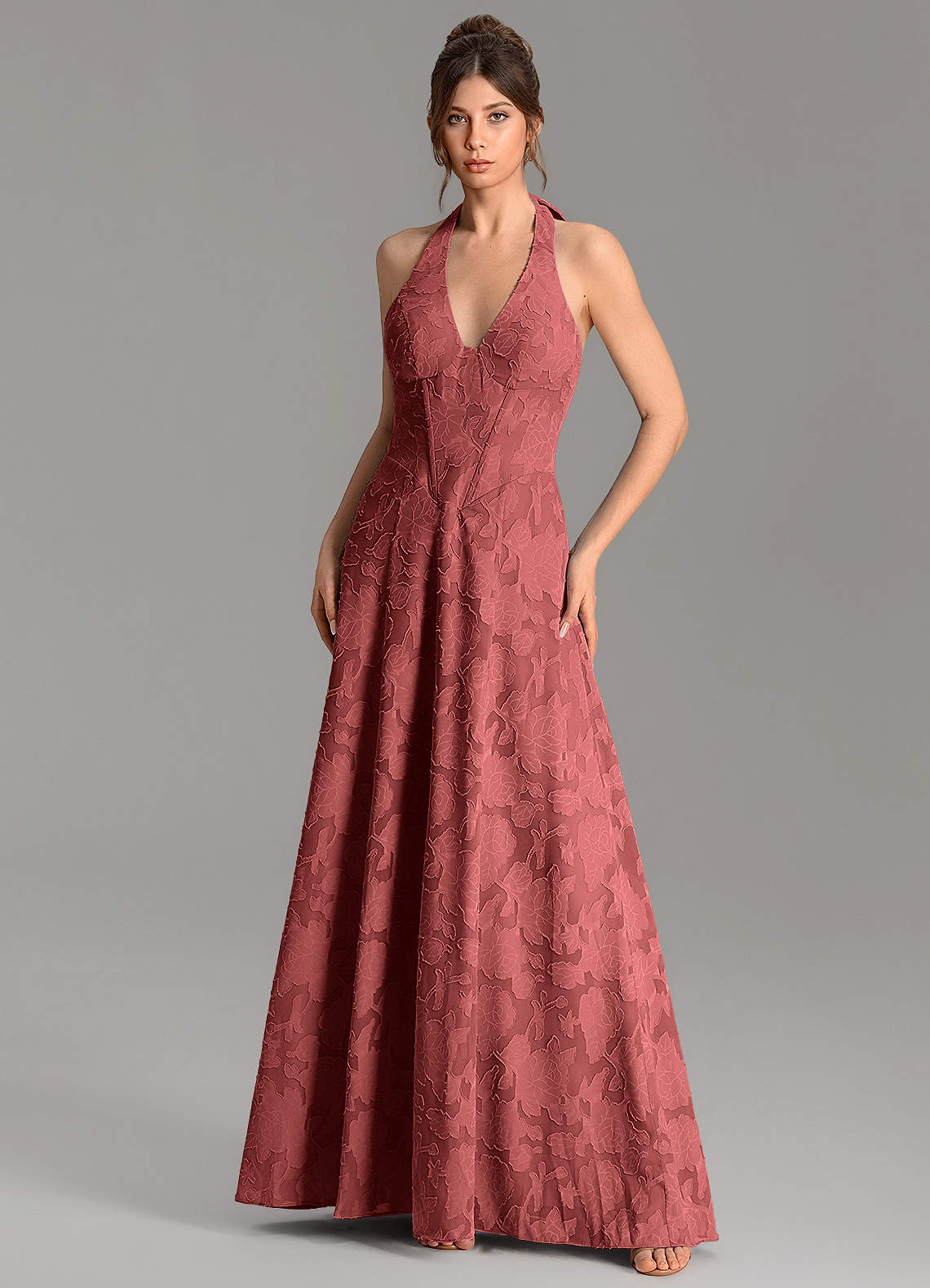 Nia A-Line V-Neck Floral Burnout Bridesmaid Dress in Terracotta