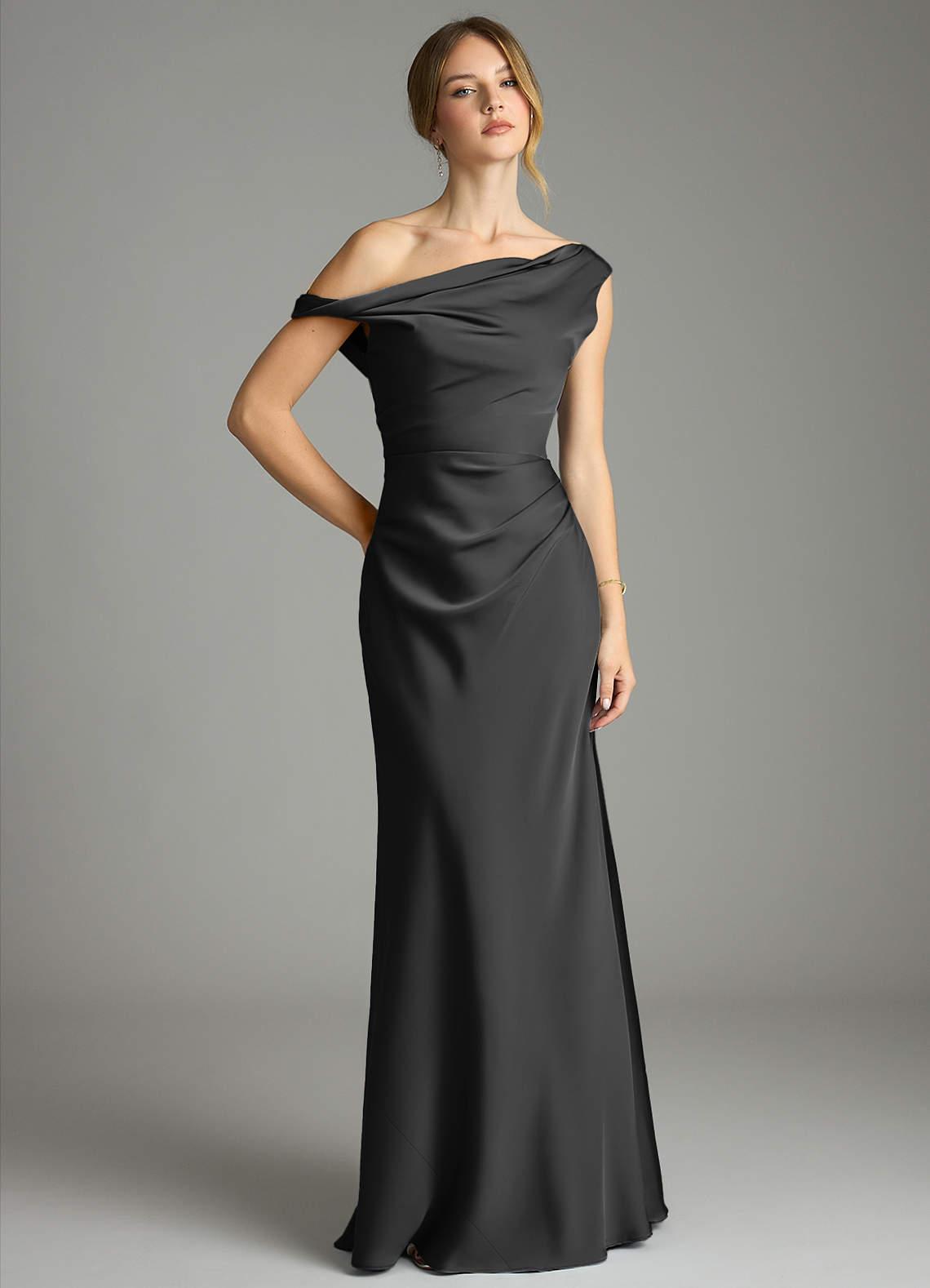 Emerson Mermaid One-Shoulder Stretch Satin Bridesmaid Dress in black