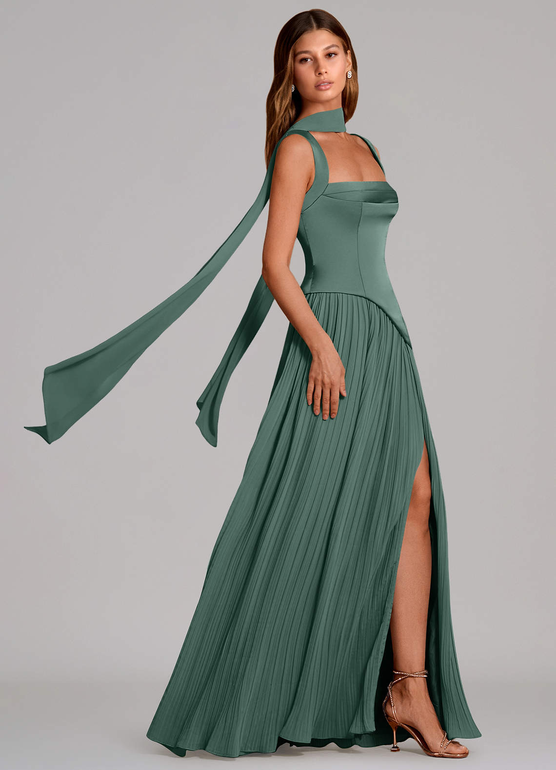Stephanie A-Line Square-Neck Stretch Satin and Chiffon Bridesmaid Dress in Eucalyptus