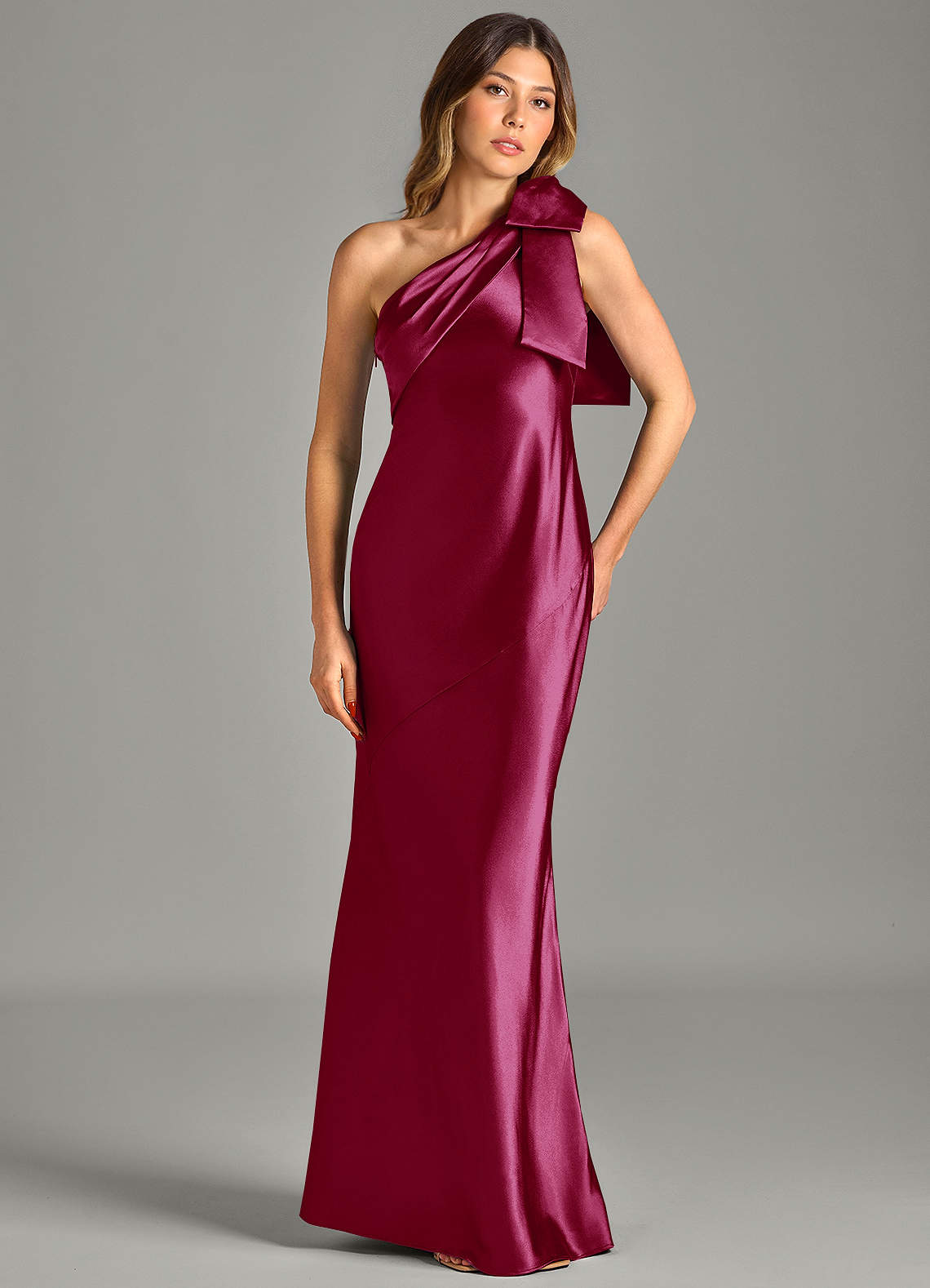 Yuanna Mermaid One-Shoulder Metallic Satin Bridesmaid Dress in Burgundy