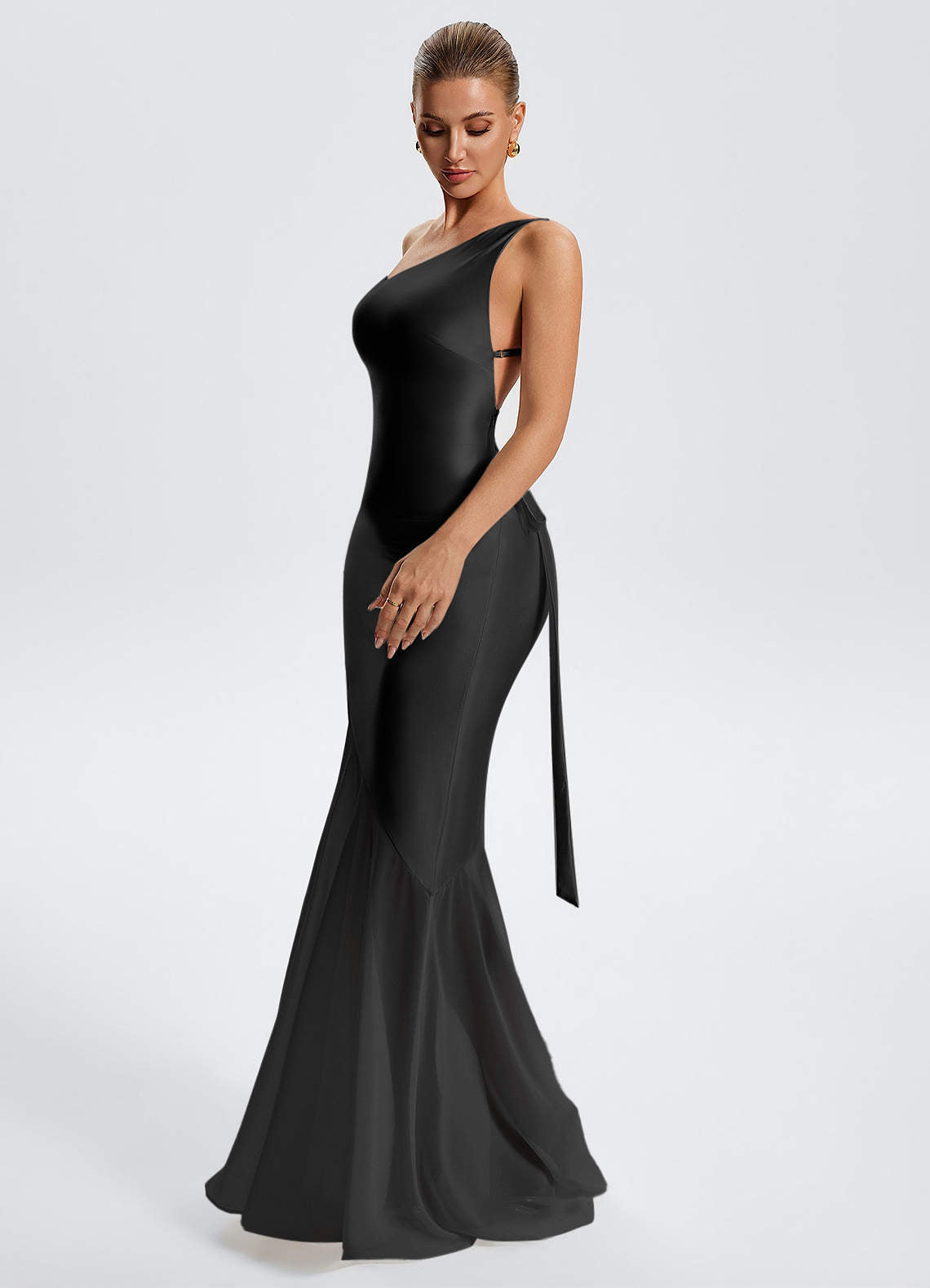 Idalia White Mermaid One-Shoulder Chiffon-Overlay Evening Dress in Black